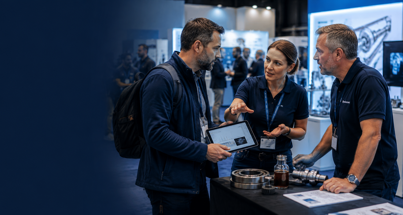 A delegate discussing a worn bearing and analysis data with exhibitors at a stand