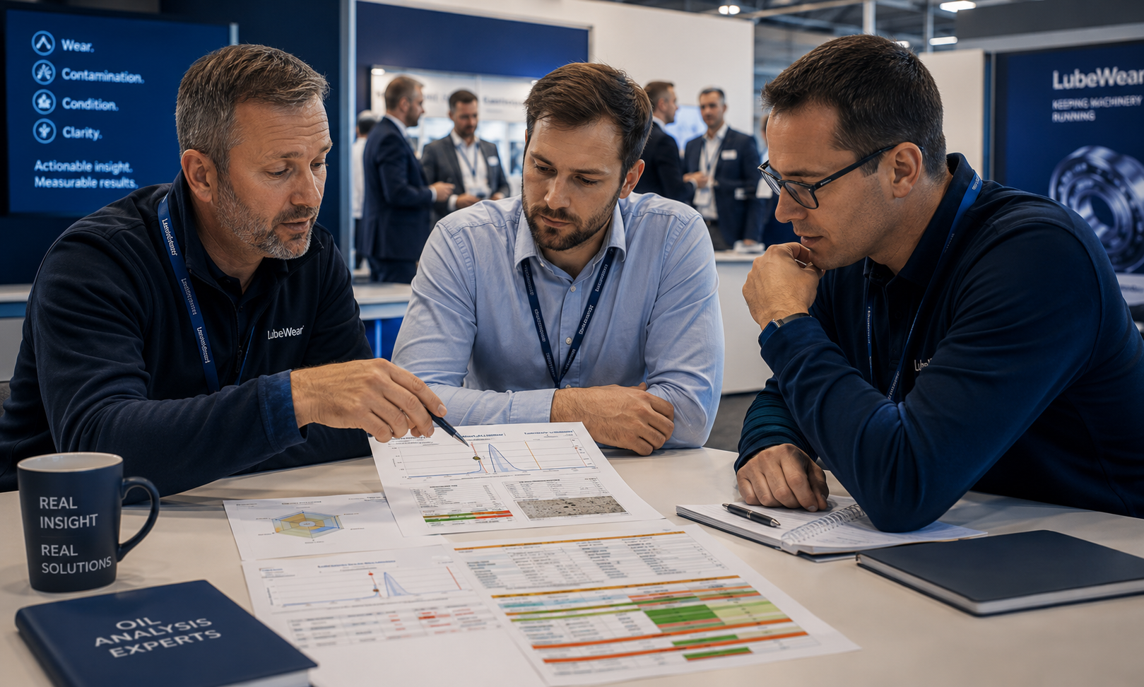 LubeWear experts reviewing a visitor's oil analysis reports together at the event