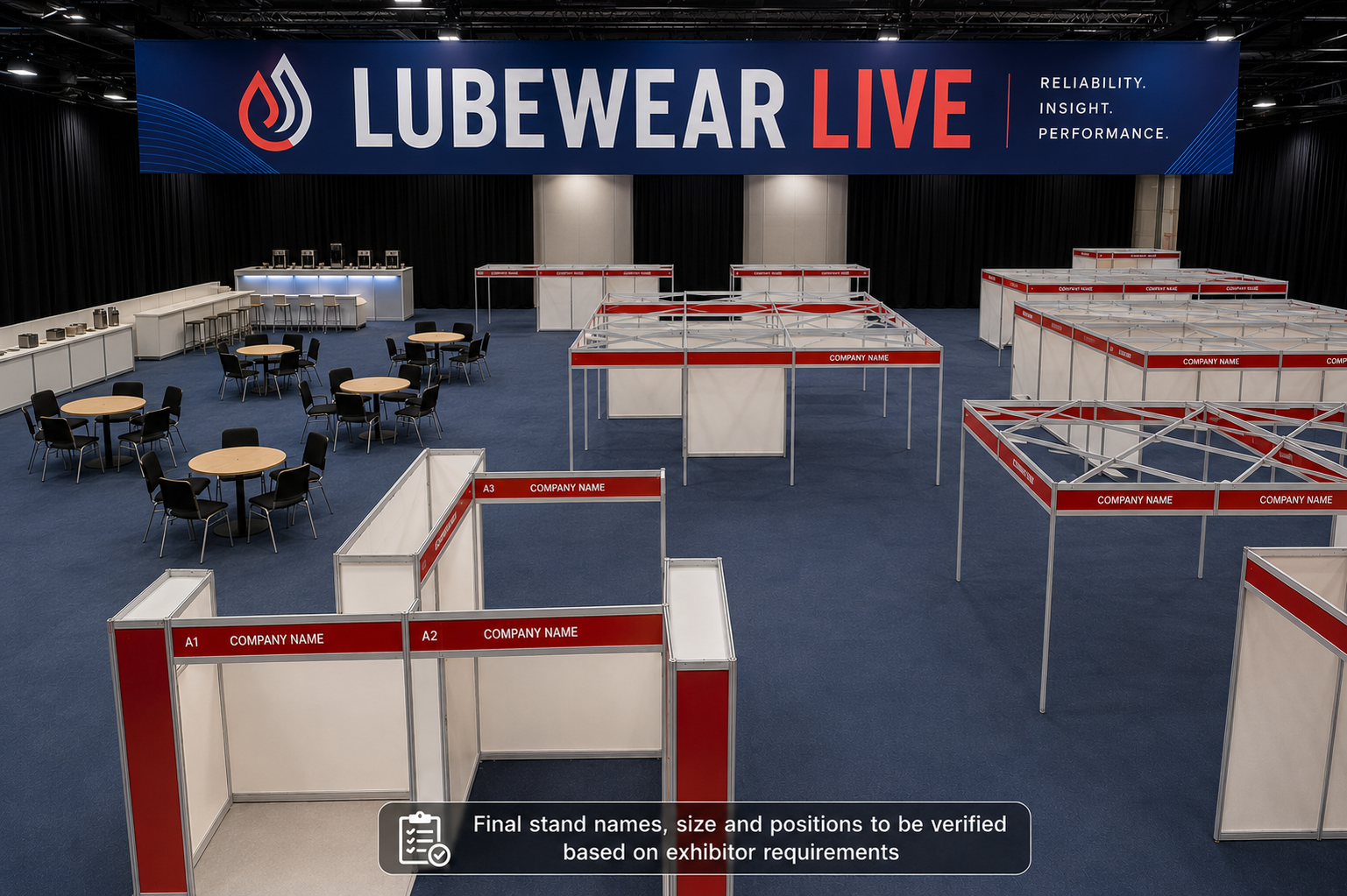 The main arena floor with exhibitor stands and networking tables